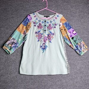 Calessa Tunic Blouse‎ Top Women Small Boho Embroidered Mint Green Floral
